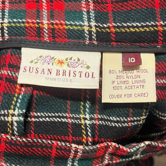 VTG SUSAN BRISTOL Merino Wool Plaid Midi Skirt Sz 10 Red Green Holiday Academia - Picture 5 of 8